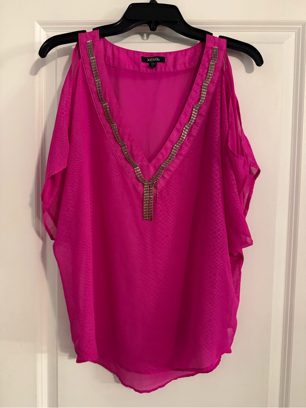 XOXO Hot Pink V-Neck Beaded Cold-Shoulder Blouse
